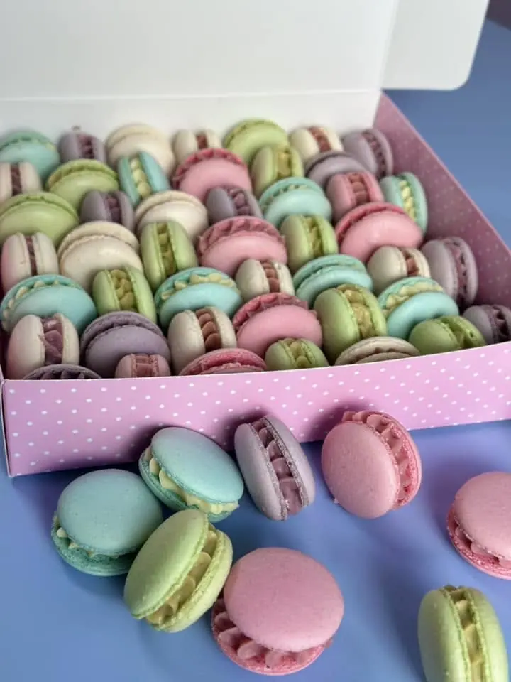 Macarons în culori pastel în cutie